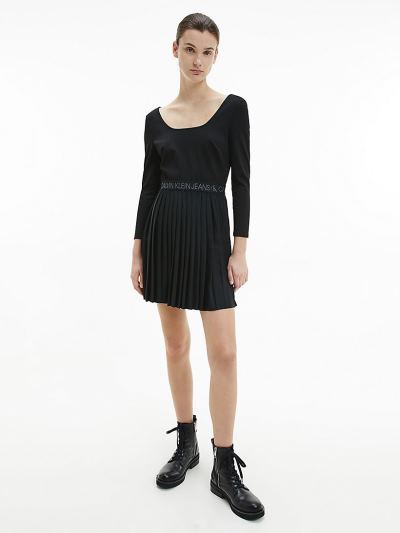 Calvin Klein Ruhák HU890969 | Calvin Klein Logo Waistband Pleated Női Ruha Fekete